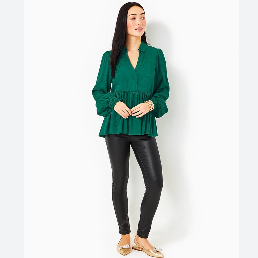 Lilly Pulitzer Jaylene Green Jaquard Long Sleeve Blouse